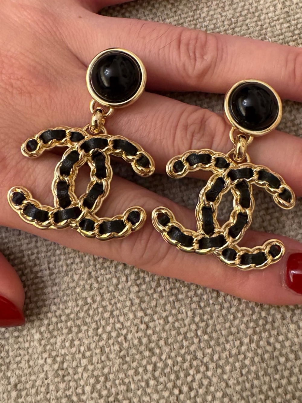 Rare Classic Chanel CC Gold Chain and Black Leather Dropped Earrings